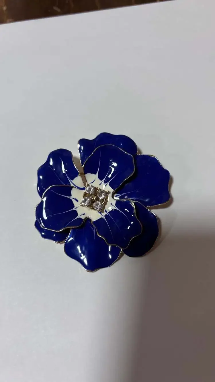 Blue Enamel Crystal Flower Brooch Pin
